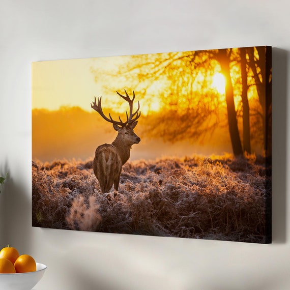 Deer At Sunset Decorative Canvas Painting Housewarming Gifts Large Wall Art Framed Animal Modern