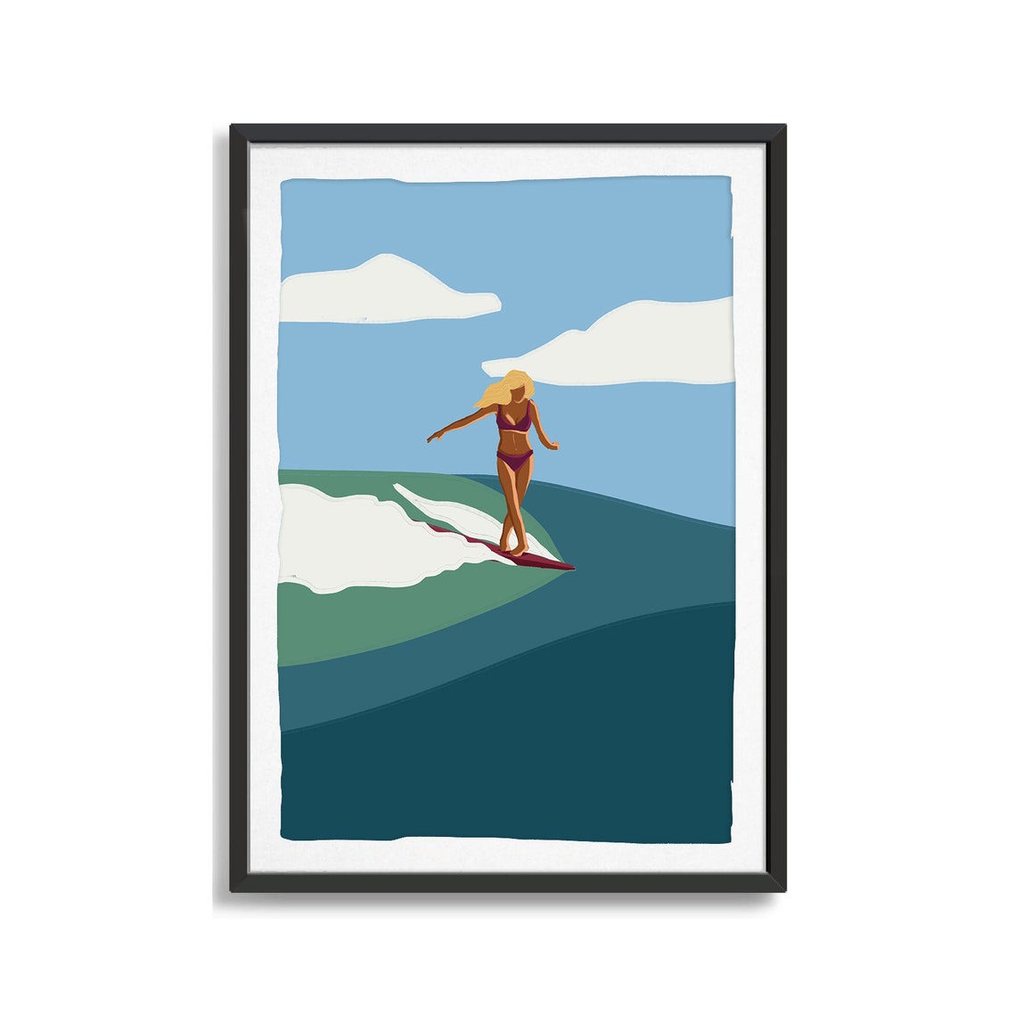 Woman Surfing Wave Poster With Ocean Blues Minimalist Beach Art - Image 2