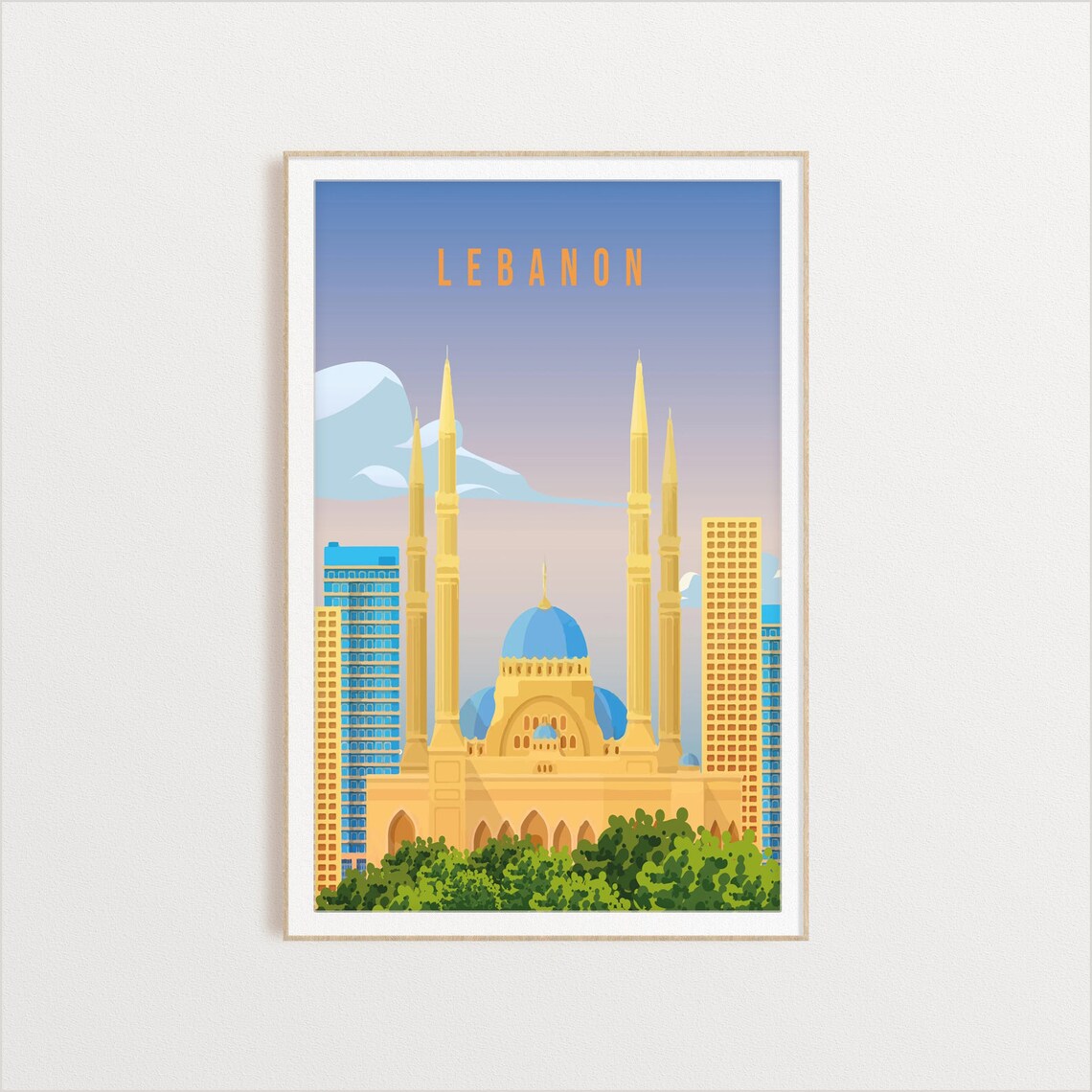 Lebanon Travel Poster With Grand Blue Dome Mosque Skyline Art