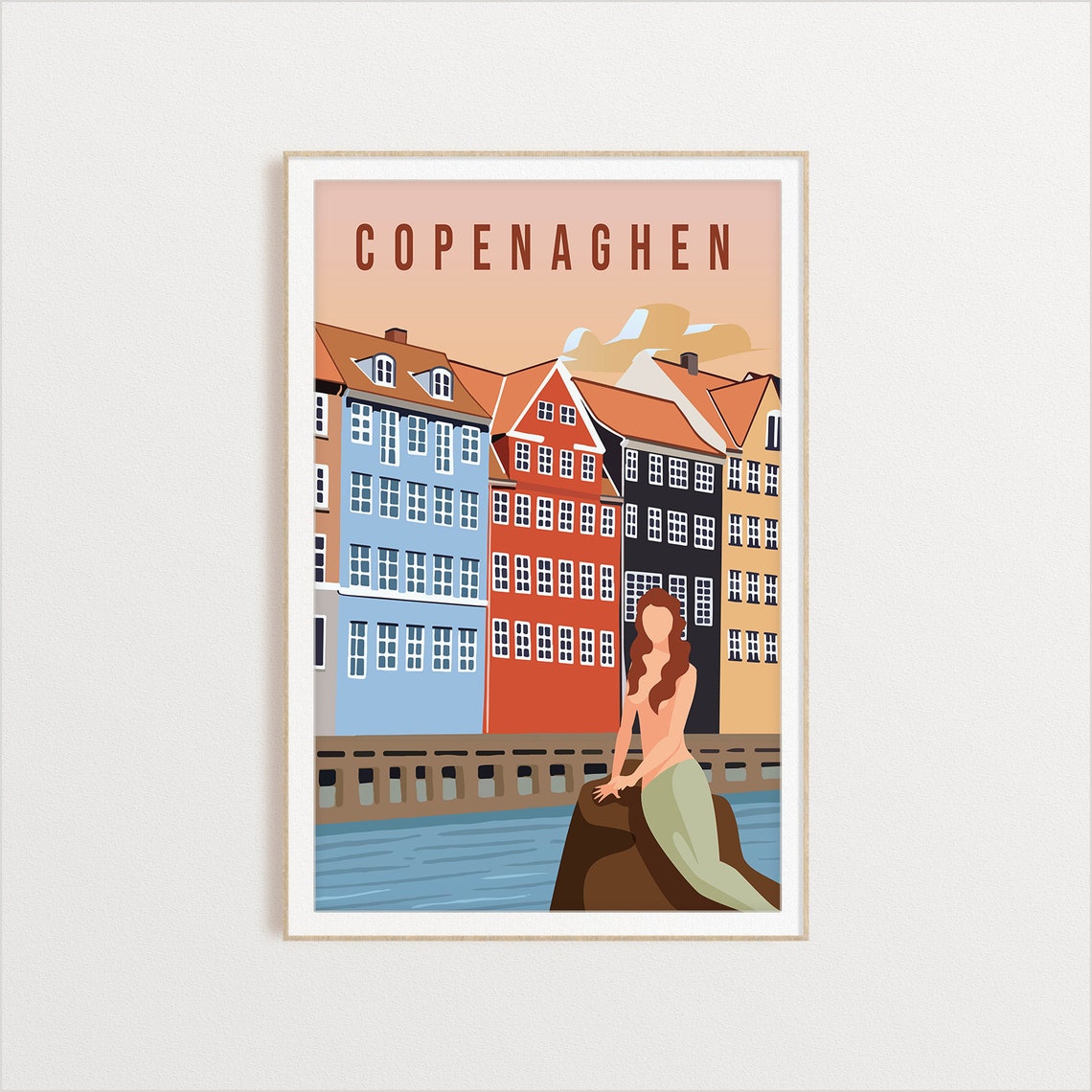 Copenhagen Denmark Travel Poster With Nyhavn And Mermaid Statue Art