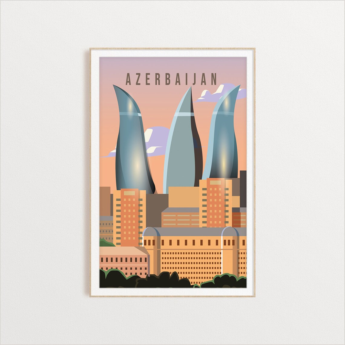 Azerbaijan Flame Towers Travel Poster Baku City Skyline Artwork