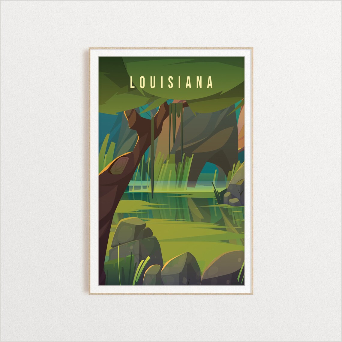 Louisiana Bayou Cypress Moss Swamp Vintage Southern Travel Poster