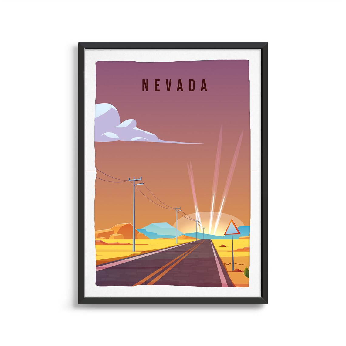Nevada Vintage Travel Art Desert Highway Sunrise Road Poster
