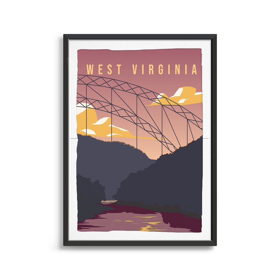 West Virginia Arch Bridge Travel Poster Sunset Gorge River Art Scene