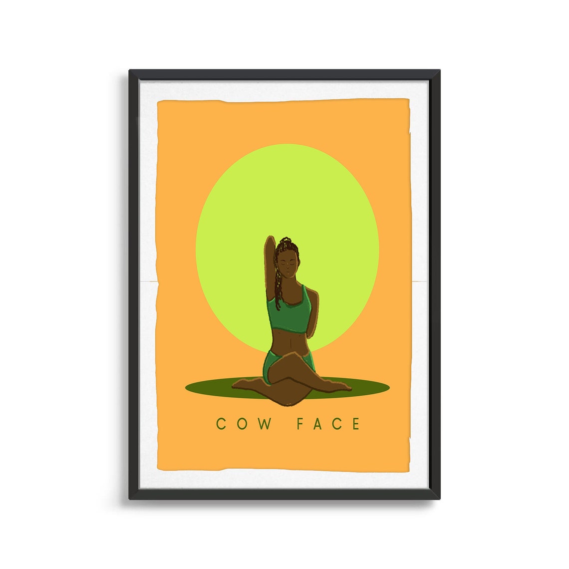 Cow Face Retro Yoga Seated Stretch Sun Circle Flat Illustration Print