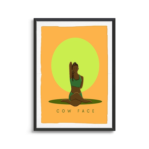 Cow Face Retro Yoga Seated Stretch Sun Circle Flat Illustration Print