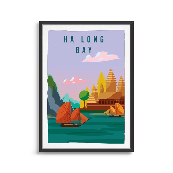 Ha Long Bay Junk Boat Red Sails Cliffs Vintage Vietnam Travel Poster