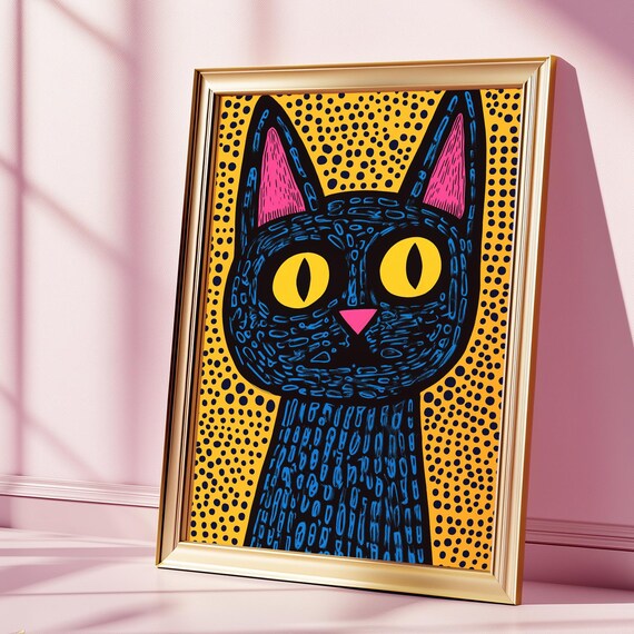 Black Cat Pop Art with Yellow Eyes on Yellow Polka Dot Poster