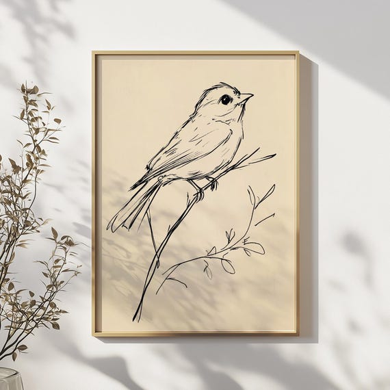 Minimalist Bird Line Drawing Wall Art Hand Drawn Nature Black And White Illustration Modern Botanical Decor For Home Office