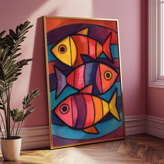 Three Colorful Abstract Tropical Fish Folk Art Nursery Decor Poster