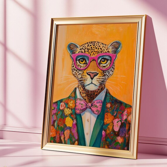 Funky Fashion Leopard Art Print Wall Dopamine Maximalist Decor Funny Animal Painting Trendy Preppy