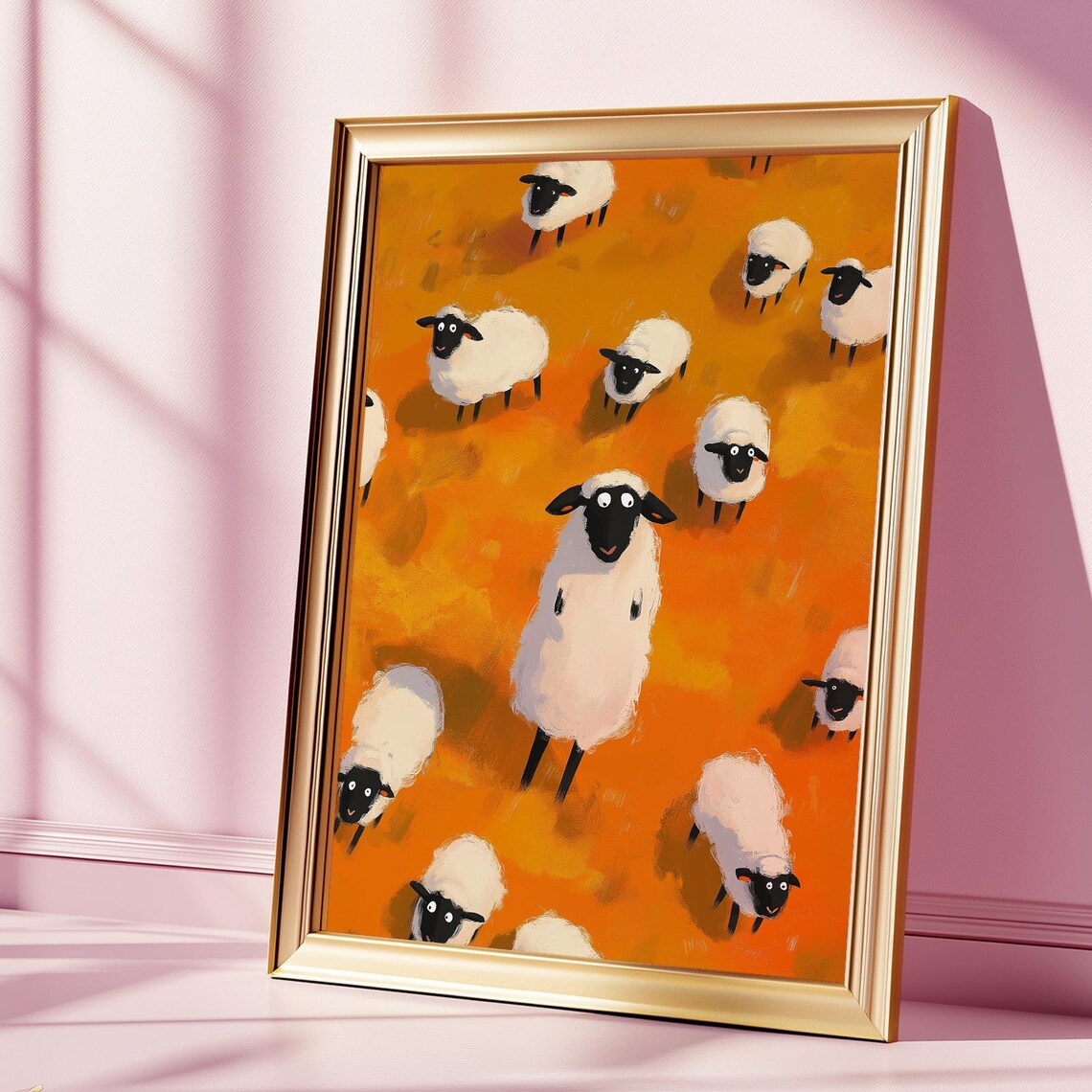 Funny Black Faced Sheep on Orange Cute Whimsical Cartoon Farm Animal Poster