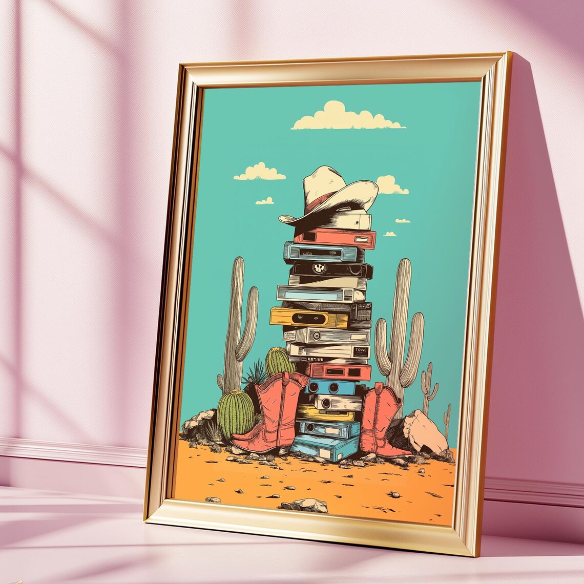 Retro Western VHS Tape Stack Cowboy Hat Boots Cacti Vintage Desert Poster