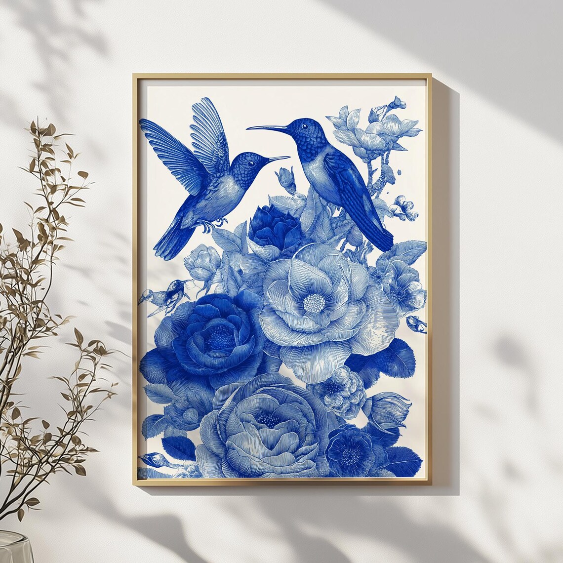 Blue Botanical Hummingbird Floral Engraving Vintage Style Art Poster