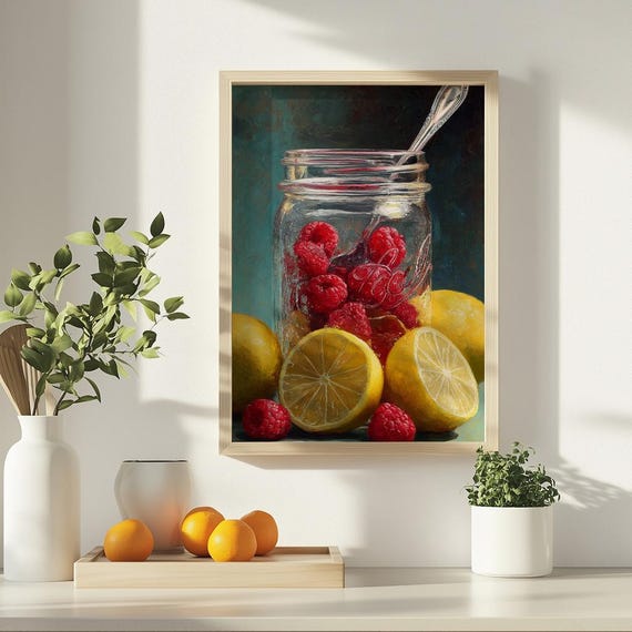 Raspberry Lemon Kitchen Wall Art Print Colorful Mason Jar Still Life Poster Fruit Oil Painting Style For Food Lovers