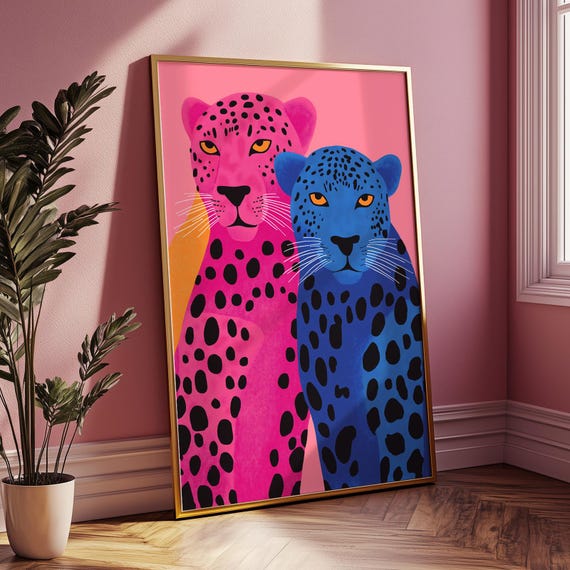 Pink Blue Maximalist Leopard Wall Art Vibrant Portrait Preppy Boho Animal For Dorm And Living Room