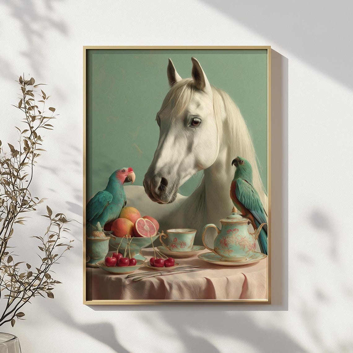 White Horse and Parrots Tea Party Whimsical Surreal Animal Art Poster