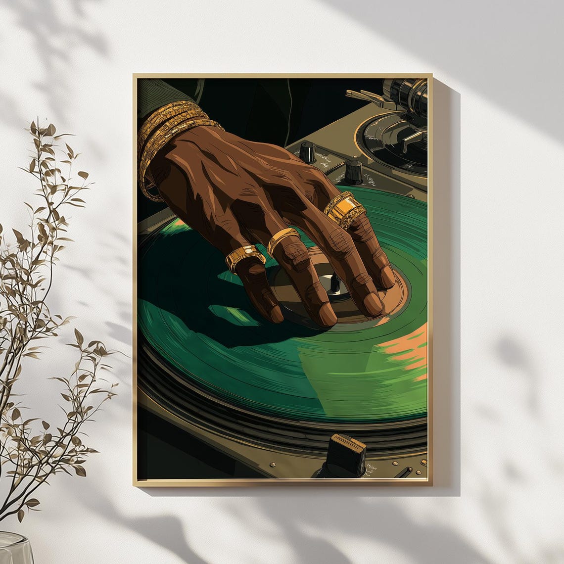 DJ Hand Scratching Green Vinyl Record Turntable Hip Hop Art Poster