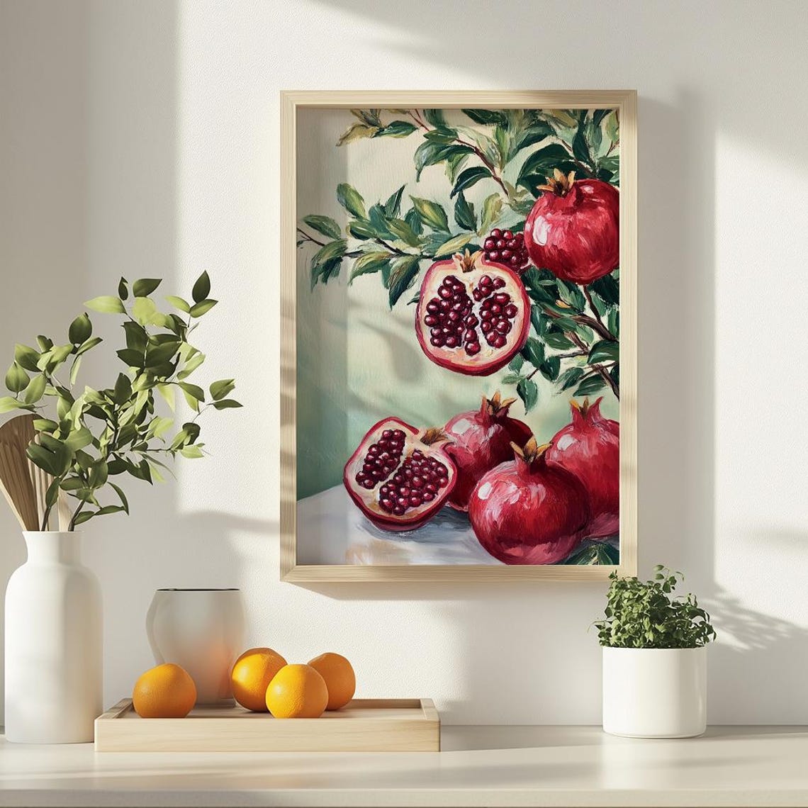 Pomegranate Oil Painting Red Fruit Branch Vintage Still Poster