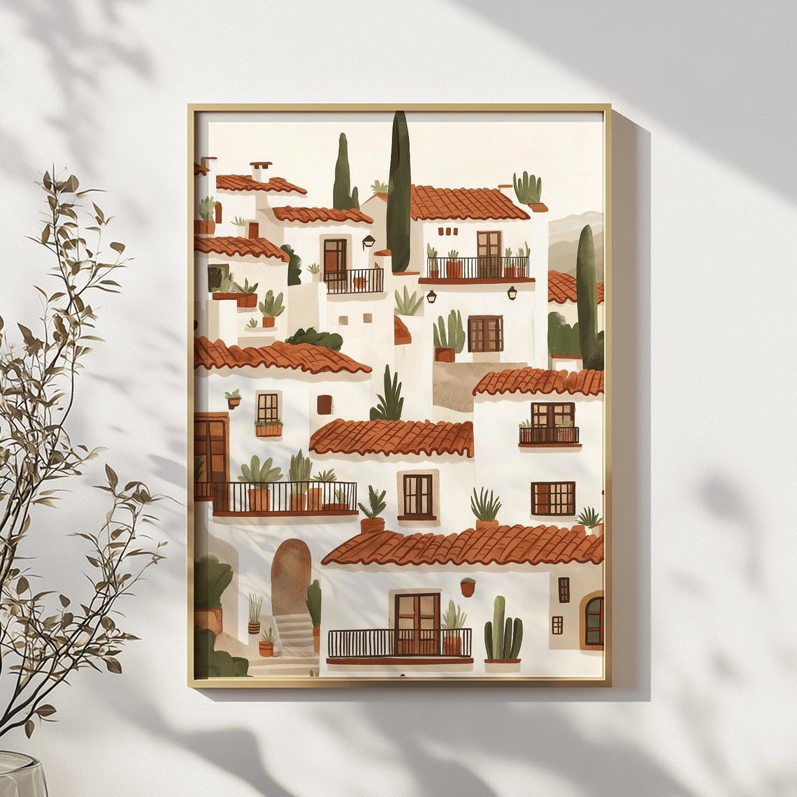 White Mexican Village Terracotta Roofs Colorful Cactus Town Poster