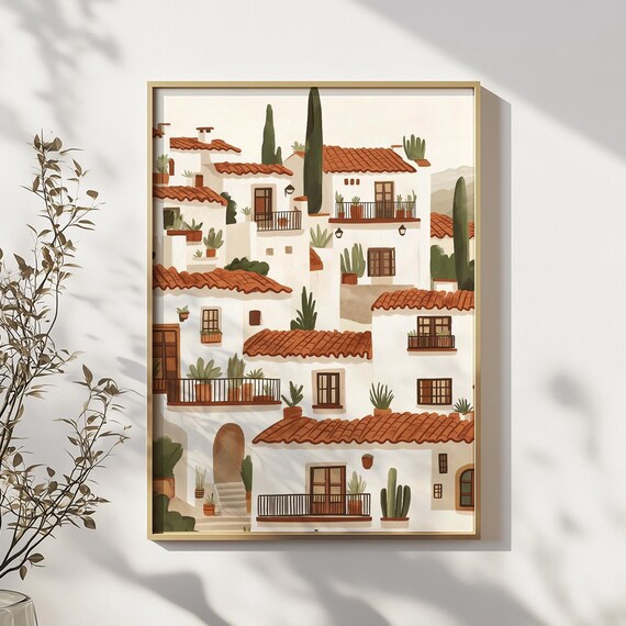 White Mexican Wall Art Village Poster Colorful Cactus Print Modern Southwestern Decor Trendy Latina