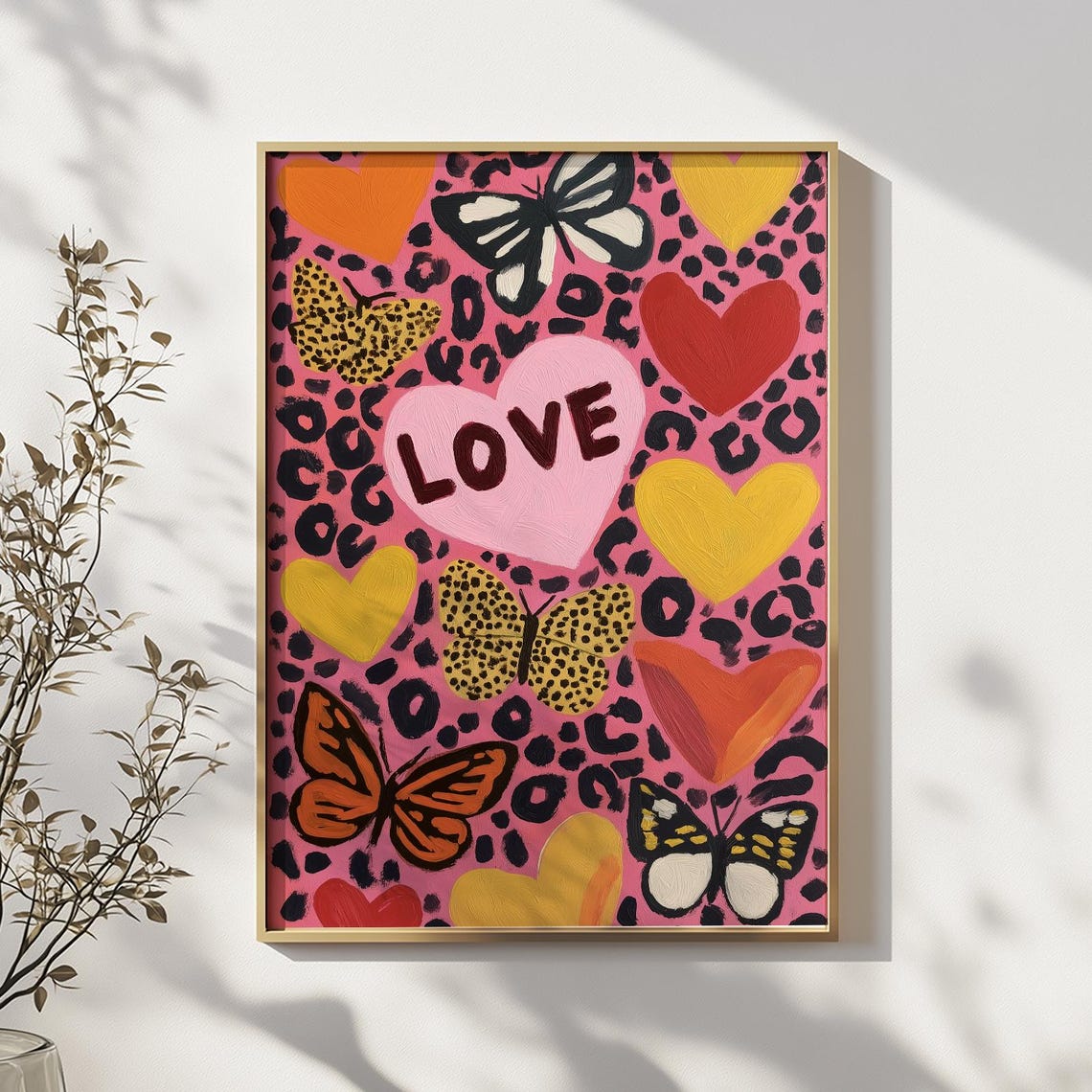 Love Hearts and Butterflies Pink Leopard Maximalist Art Poster