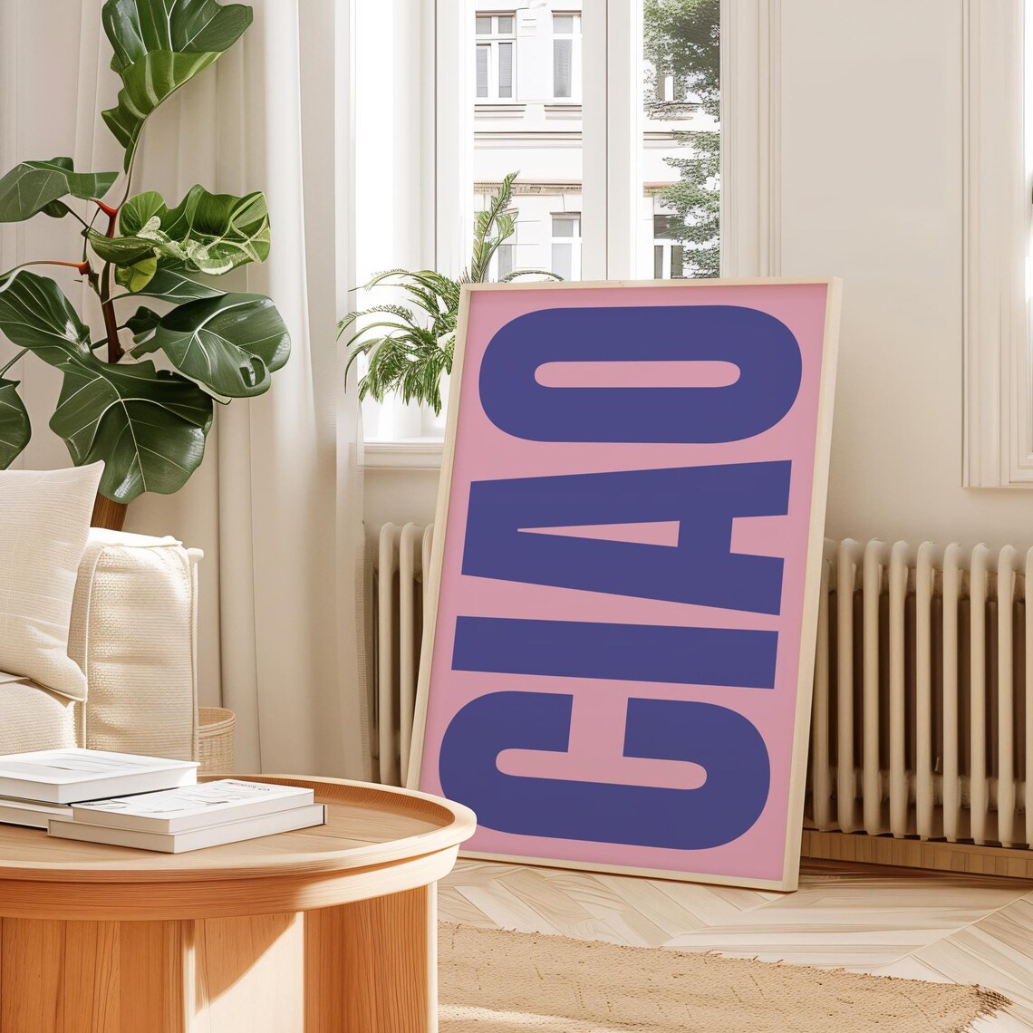 Ciao Poster Blue Big Letters Pink Pastel Italian Hallway Decor