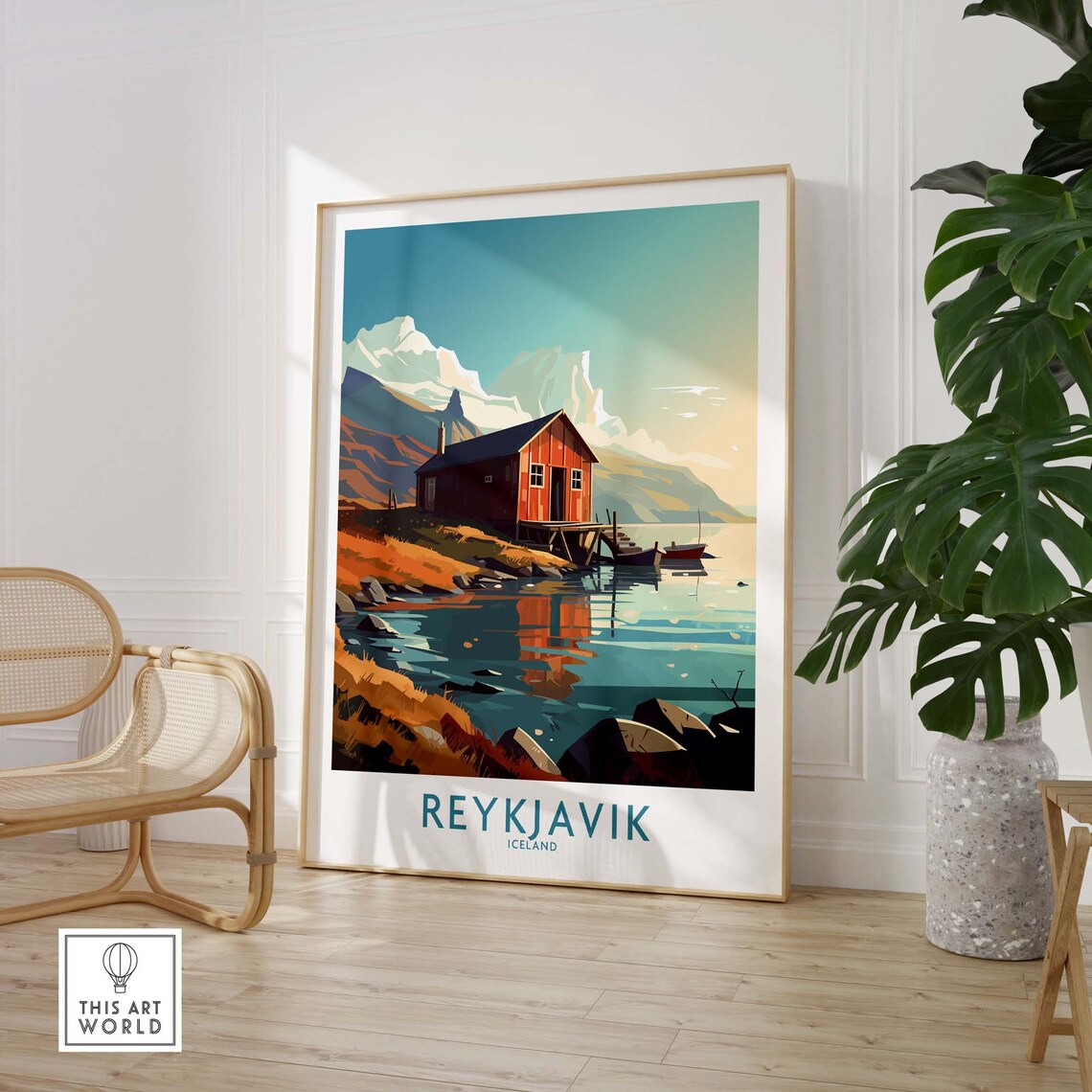 Reykjavik Iceland Red Fishing Cabin Fjord Mountain Scenic Poster - Image 3