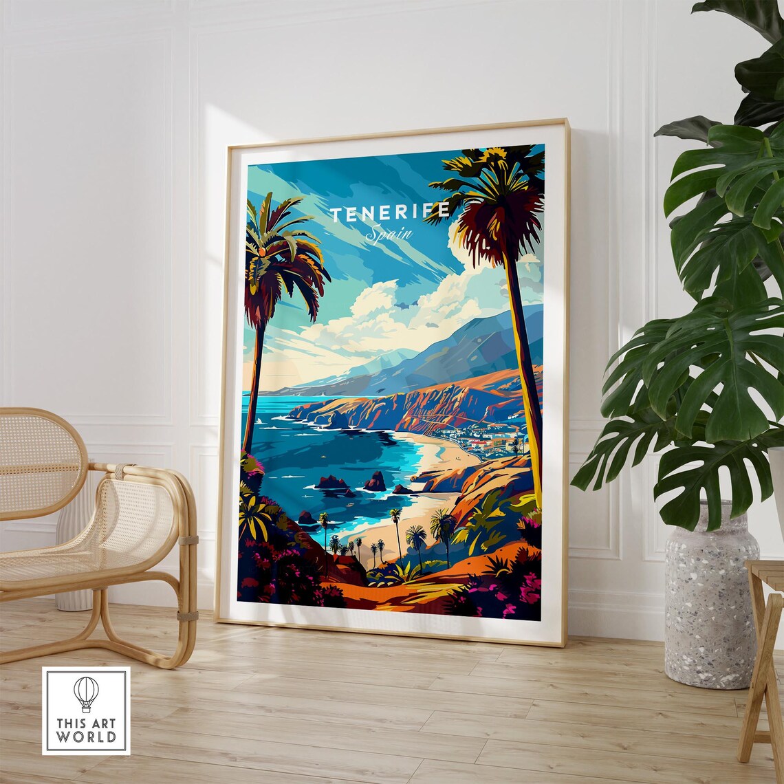 Ocean Tenerife Spain Cliff Cove Palm Trees Coastal Town Poster - Image 2