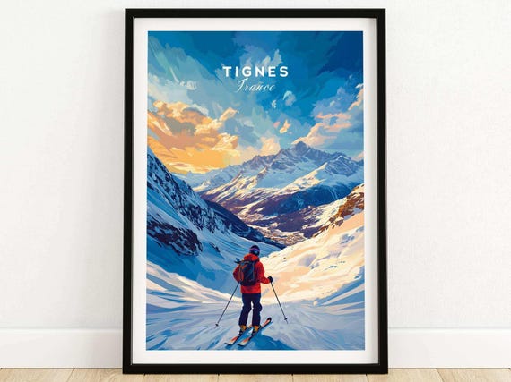 Tignes Ski Poster, French Alps Mountain Lodge Decor