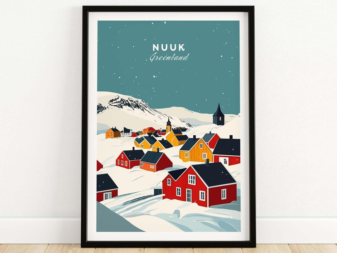 Nuuk Greenland Snowy Village Winter Arctic Travel Art Poster