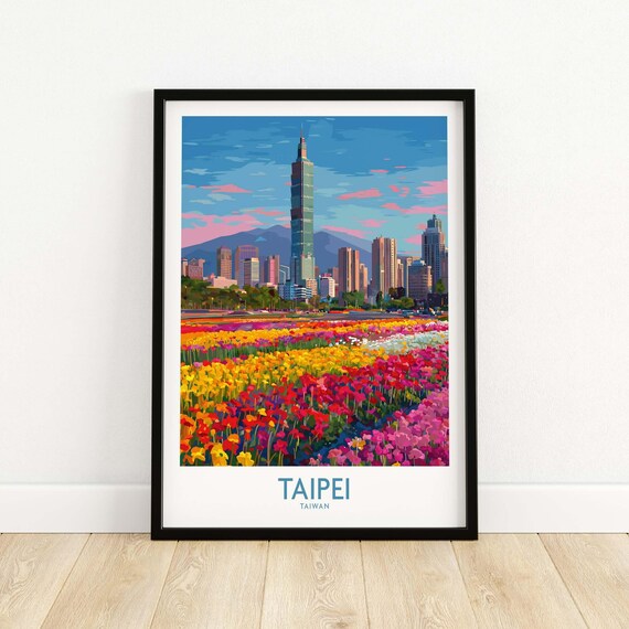 Taipei Taiwan Taipei 101 Tower Over Colorful Flower Fields Travel Poster