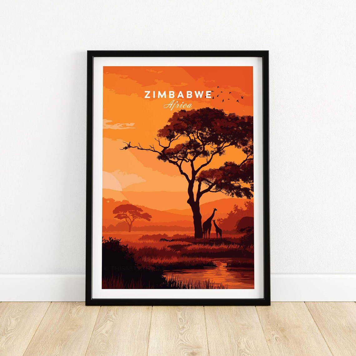 Zimbabwe Africa Sunset Savanna Giraffes Baobab Silhouette Poster