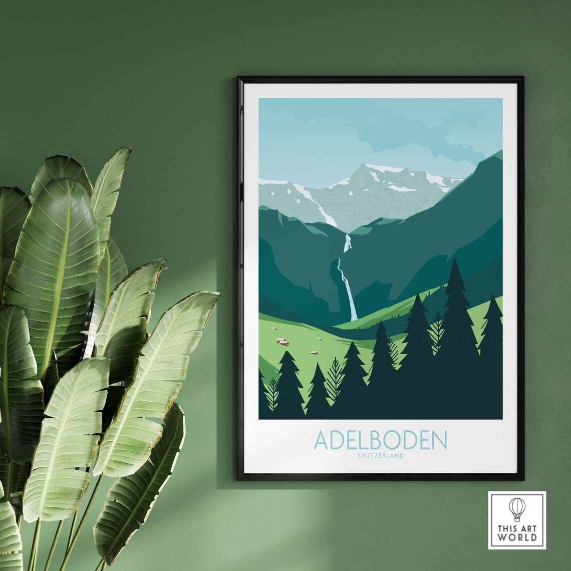 Adelboden Switzerland Alpine Valley Waterfall Meadow Travel Poster - Image 2