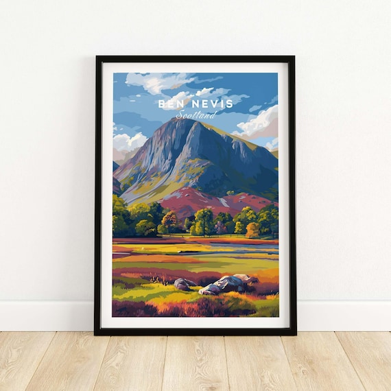 Ben Nevis Scotland Bright Blue Sky Summit Highland Valley Travel Poster