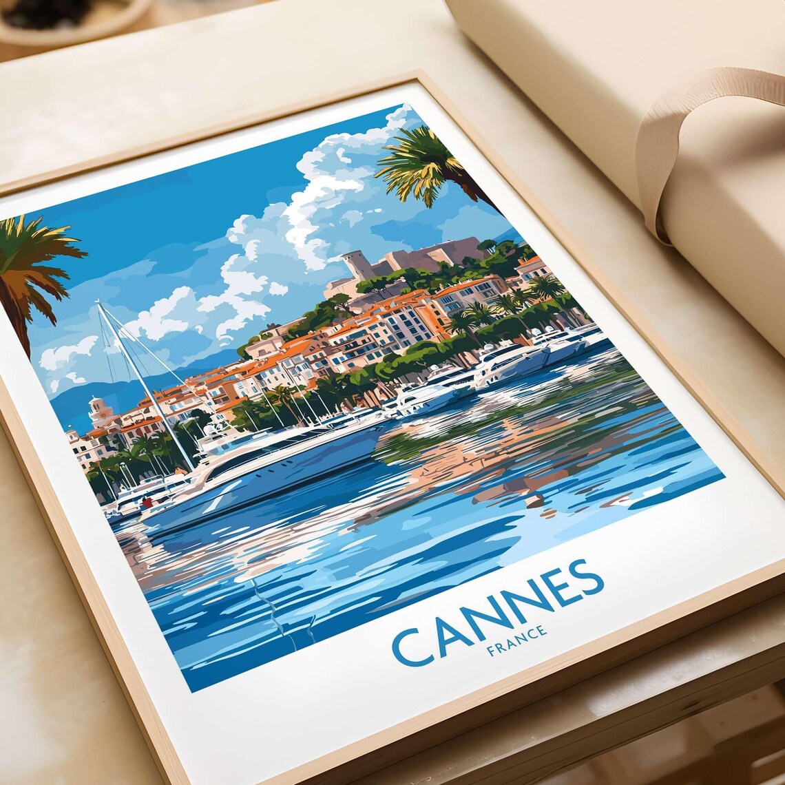 Cannes France Yacht Harbor Palm Trees Riviera View Travel Poster