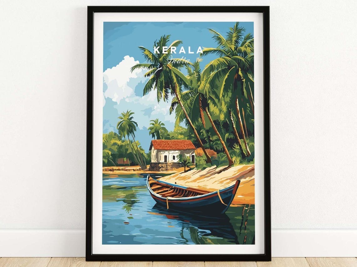 Kerala India Backwaters Palm Trees Wooden Boat Village Shore Poster