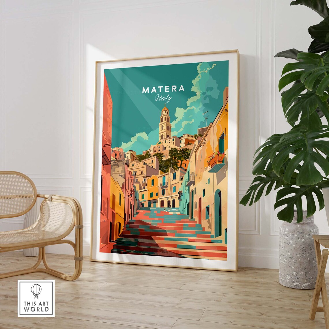 Matera Italy Colorful Street Stairs Bell Tower Old Town Poster - Image 2