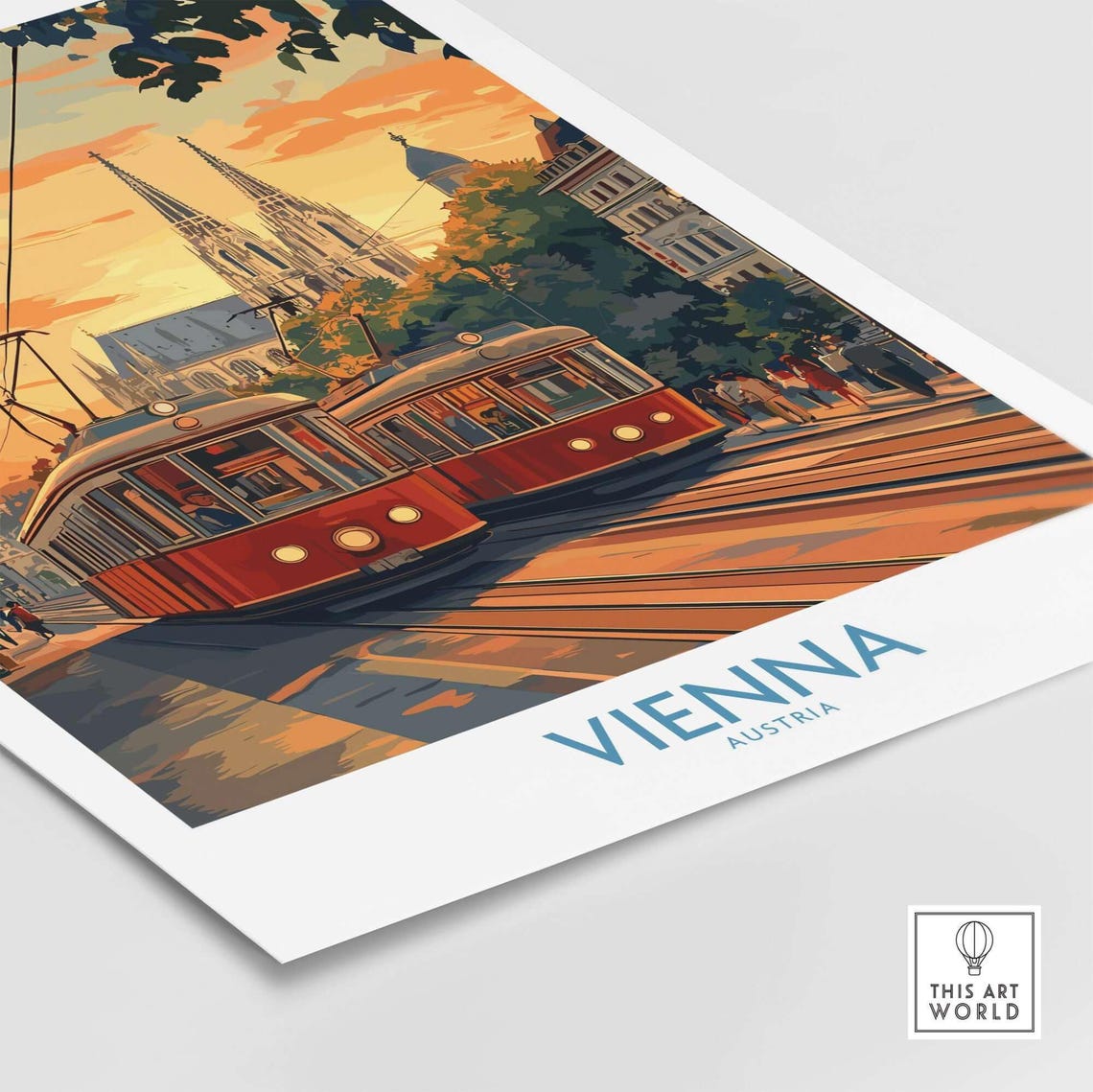 Vienna Austria Red Vintage Trams Cathedral Sunset Scene Poster - Image 4