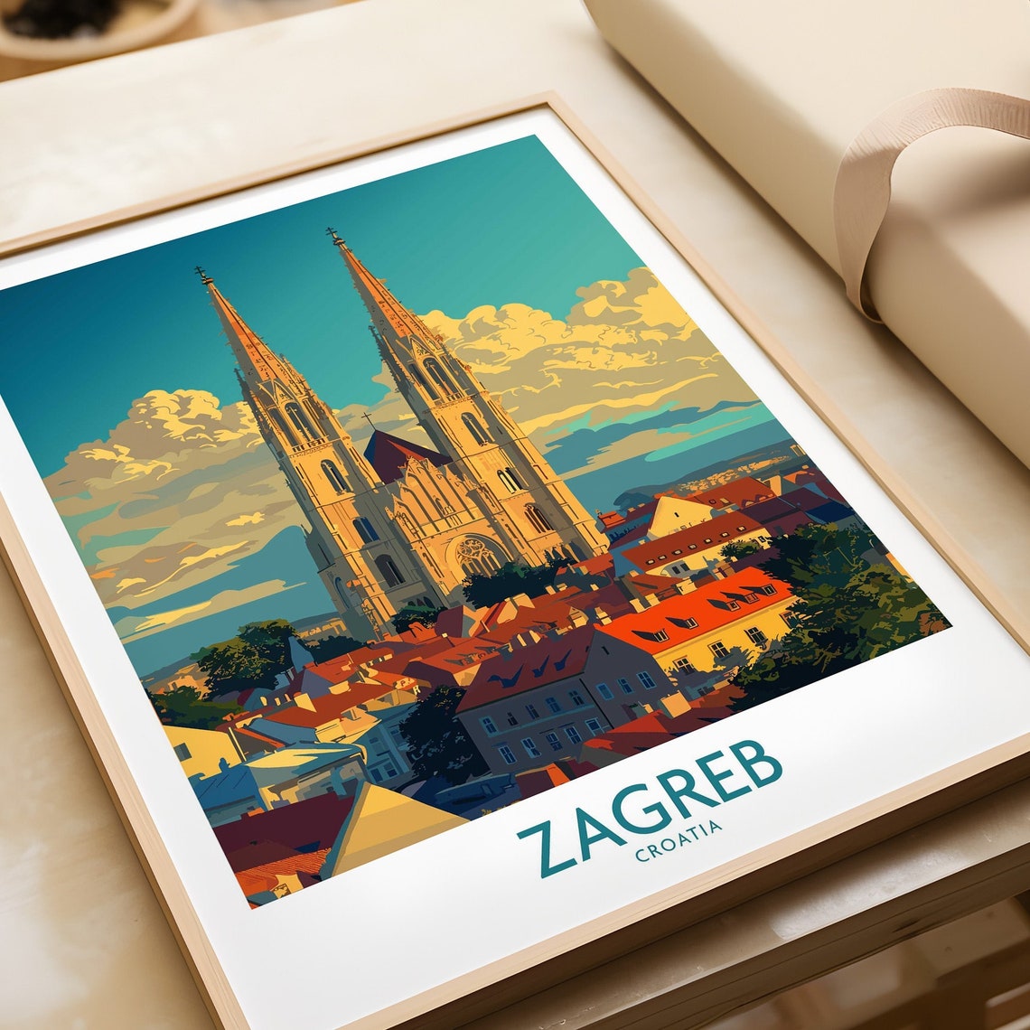 Zagreb Croatia Cathedral Twin Spires Close Up Rooftops Vintage Poster