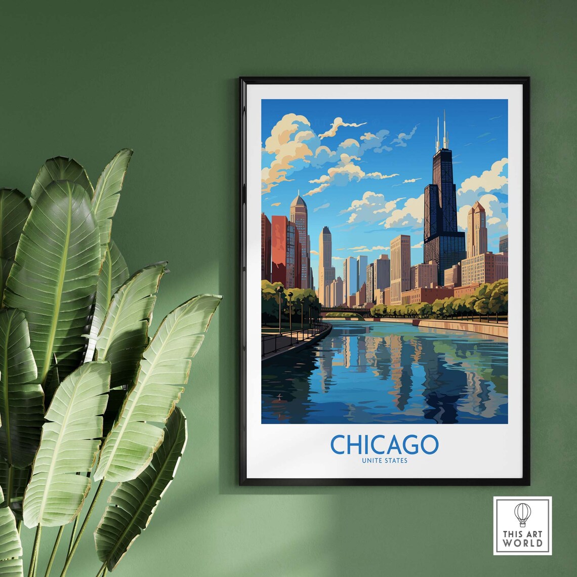 Retro Chicago United States Skyline River Reflection Day Poster - Image 2