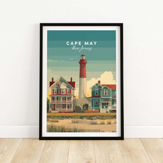 Cape May New Jersey Lighthouse Art Print With Victorian Houses Poster Stunning Travel Wall Decor Framed Or Unframed Ships Fast