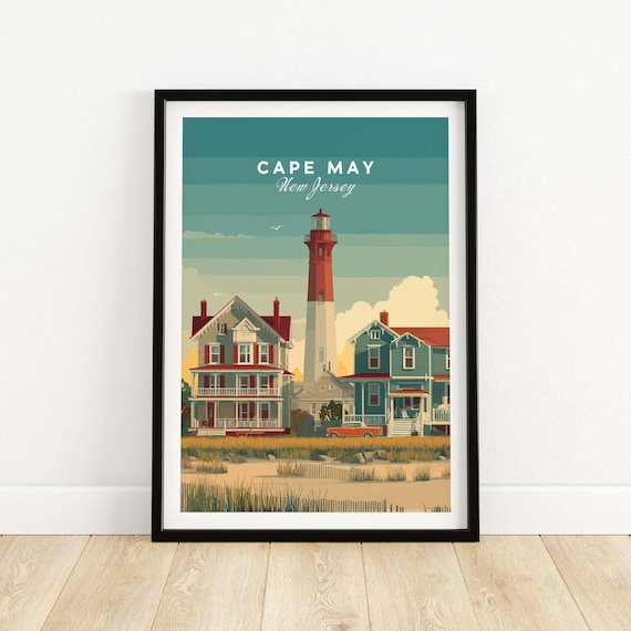 Cape May New Jersey Lighthouse Victorian Houses Retro Travel Poster