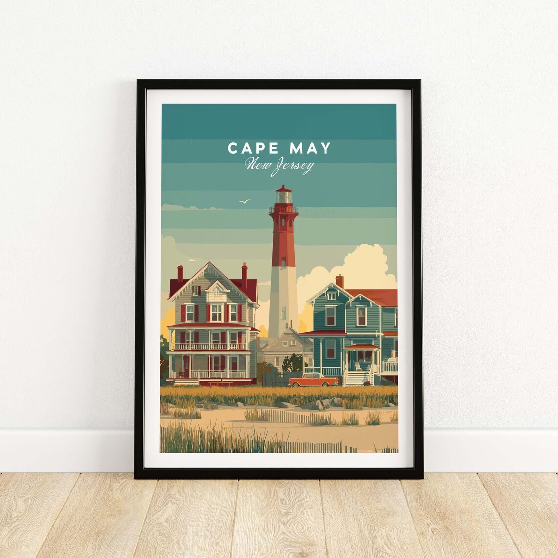 Cape May New Jersey Lighthouse Victorian Houses Retro Travel Poster
