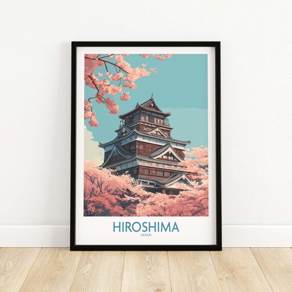 Hiroshima Japan Cherry Blossom Castle Skyline Vintage Travel Poster