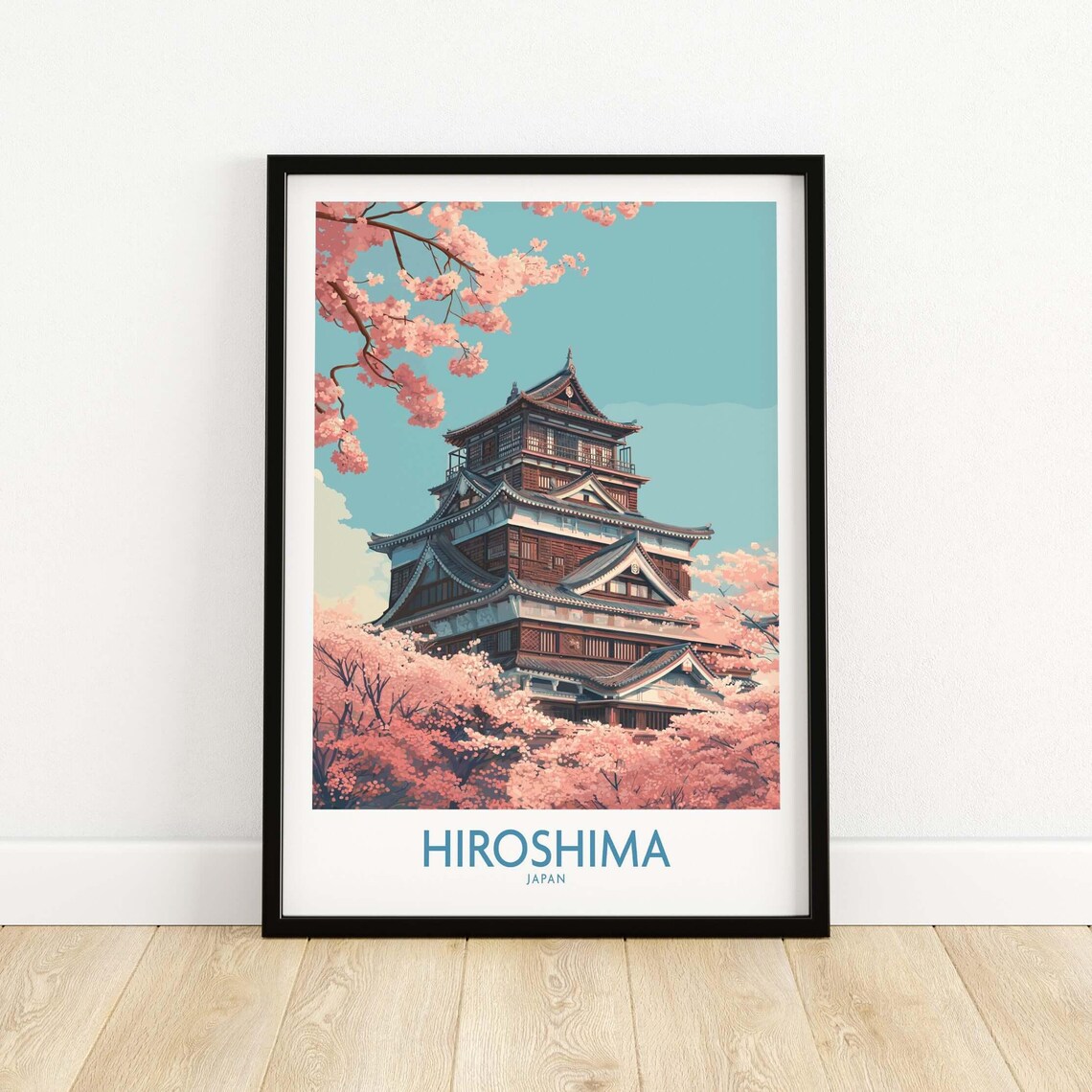 Hiroshima Japan Cherry Blossom Castle Skyline Vintage Travel Poster