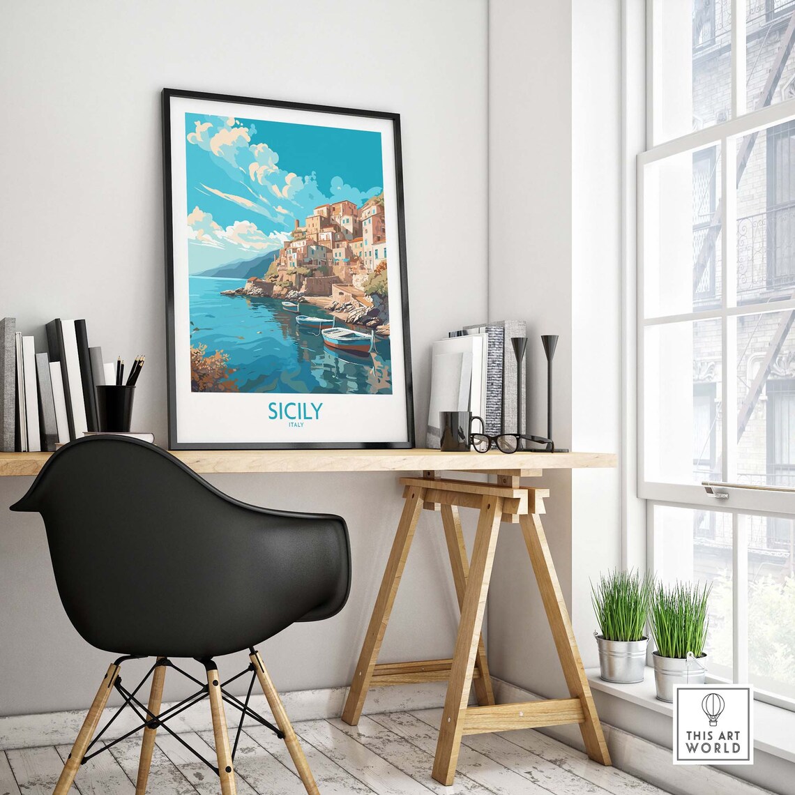 Sicily Italy Fishing Village Cliffs Moored Boats Coast Poster - Image 4