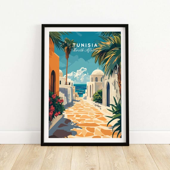 Tunisia Sidi Bou Said Art Print Coastal Wall North African Decor Travel Gift Vintage Style Poster Unframed Framed