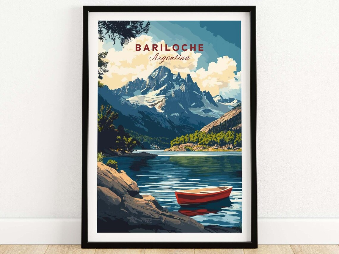 Bariloche Argentina Red Boat Mountain Lake Vintage Travel Poster