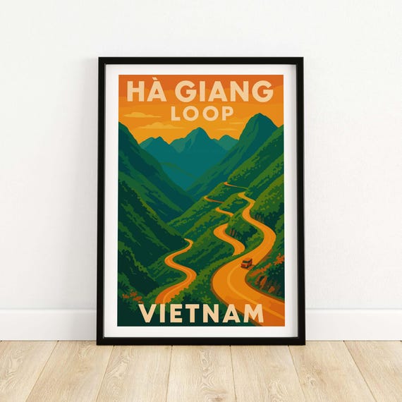 Ha Giang Loop Vietnam Poster Winding Road Sunset Print Travel Landscape Wall Art Decor Gift Lovers Illustration